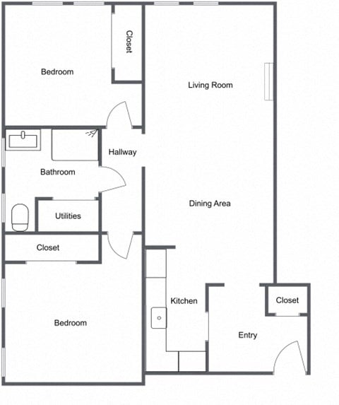 Floor plan for 2 beds, 1 bath, 991 sqft
